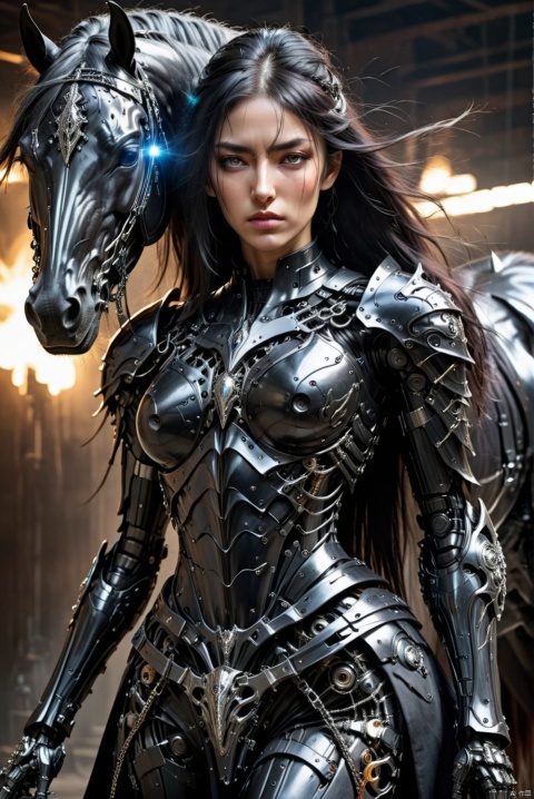  Female, tall figure, wearing black heavy armor, wearing black armor, only exposed eyes, she held a silver sword, to the front, a tall black horse standing behind her., ananmo, ((cyborg dress and mechanic elements)), CRGF