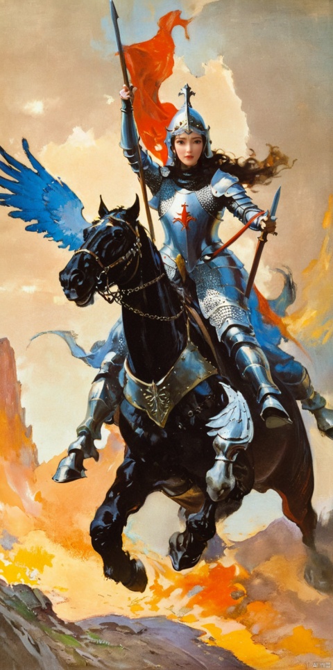  Female knight, tall figure, wearing armor, look to the front, riding a tall horse., , wings, , fr4z3tt4