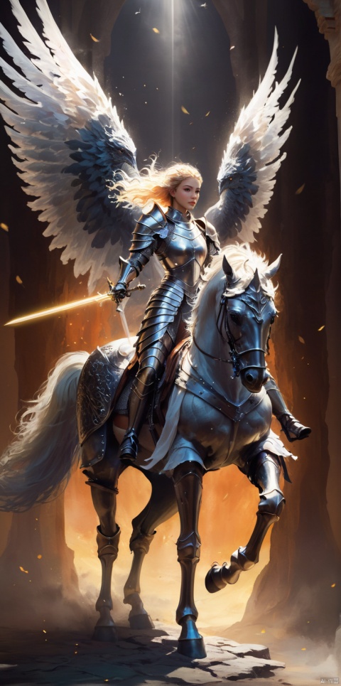  Female knight, tall figure, wearing armor, look to the front, riding a tall horse., , wings