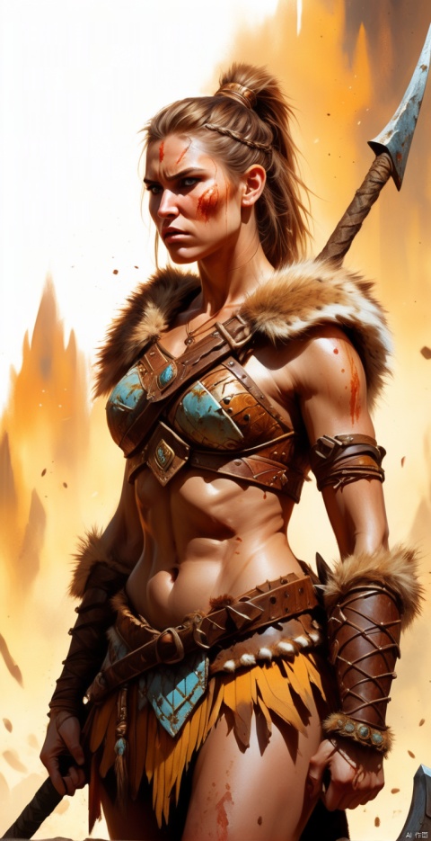  A female barbarian warrior, dressed in simple animal skins, with a golden ponytail, wielding an axe, a fierce expression on her face, and a bronzed, toned figure., MAJICMIX STYLE, CRGF