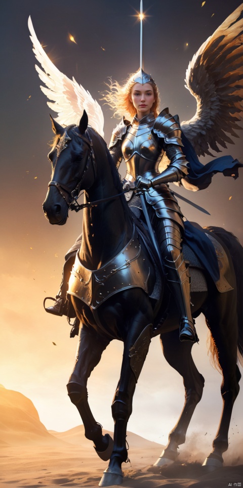  Female knight, tall figure, wearing armor, she held a sword, to the front, riding a tall horse., , wings
