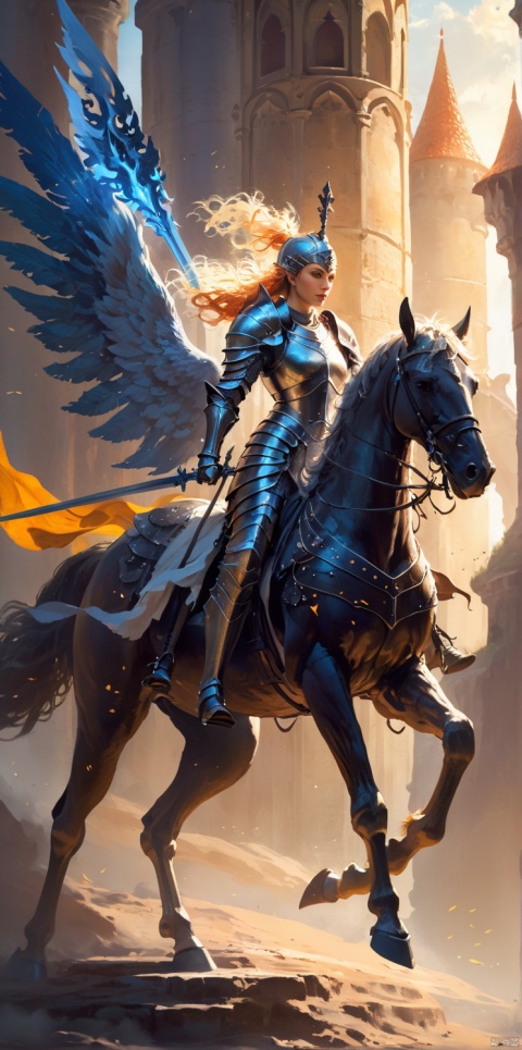  Female knight, tall figure, wearing armor, she held a sword, to the front, riding a tall horse., , wings