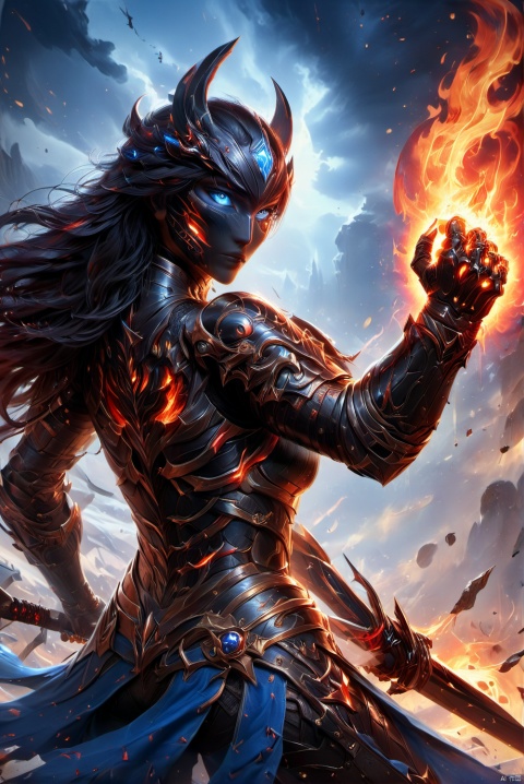  Female knight, tall figure, wearing black heavy armor, wearing black armor, only exposed blue eyes, she held a silver sword, to the front, a tall black horse standing behind her. , MAJICMIX STYLE, CRGF, Infernal style, wielding a scythe, (wielding katana:1.2), Wielding battlehammer, Wearing fist gauntlets