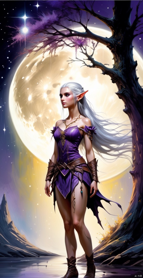 A female elf, standing under a tree, with a bow in her hand, at night, the moon shone on her face, she had a long figure, slim legs, full breasts, a beautiful face, dark black skin and white hair, purple eyes shining in the night.MAJICMIX STYLE, CRGF