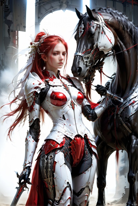  Female knight, tall figure, wearing white and red armor,only exposed eyes, she held a silver sword, to the front, a tall black horse standing behind her., ananmo, ((cyborg dress and mechanic elements)), CRGF, bailing_light element