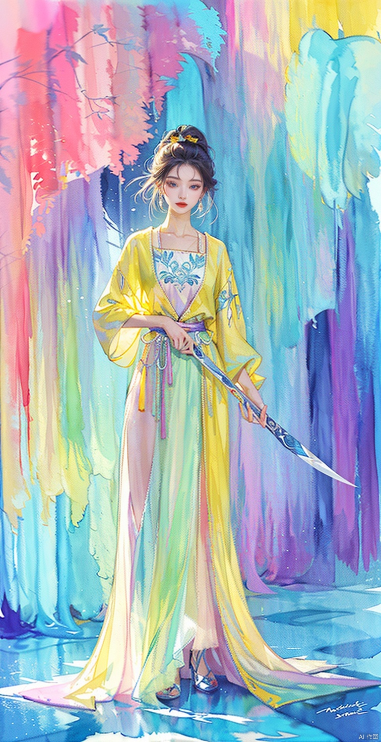  (masterpiece, best quality),(1girl),full_body,,,,,,holding_knife,light_colorful_hair, , watercolor \(medium\), gf-hd