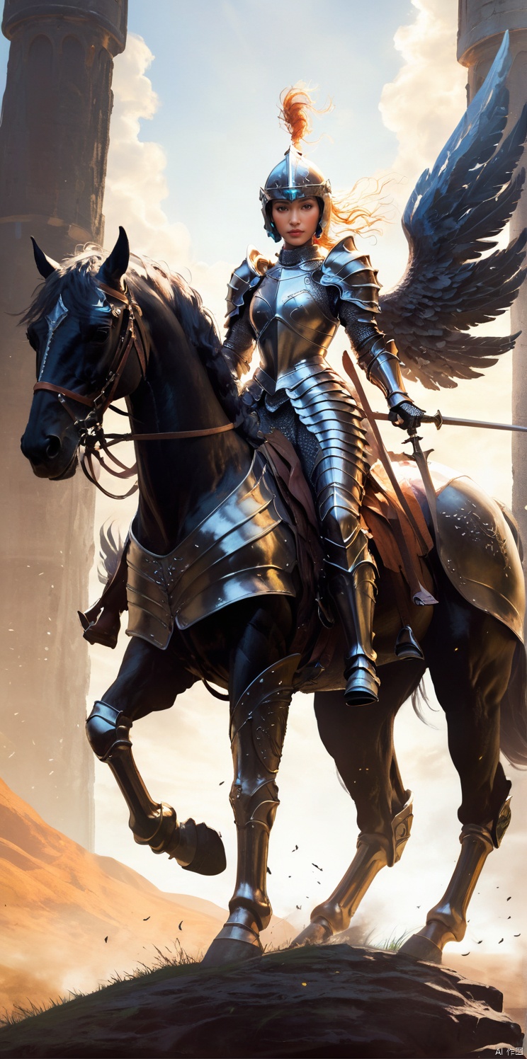  Female knight, tall figure, wearing armor, look to the front, riding a tall horse., , wings