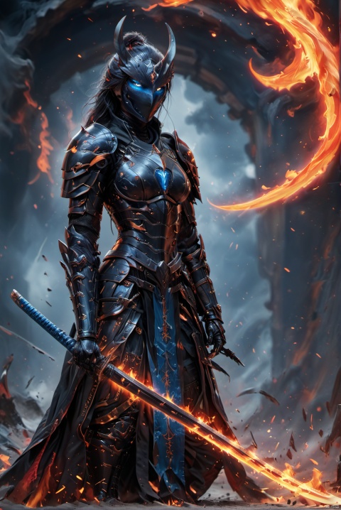  Female knight, tall figure, wearing black heavy armor, wearing black armor, only exposed blue eyes, she held a silver sword, to the front, a tall black horse standing behind her. , MAJICMIX STYLE, CRGF, Infernal style, wielding a scythe, (wielding katana:1.2)