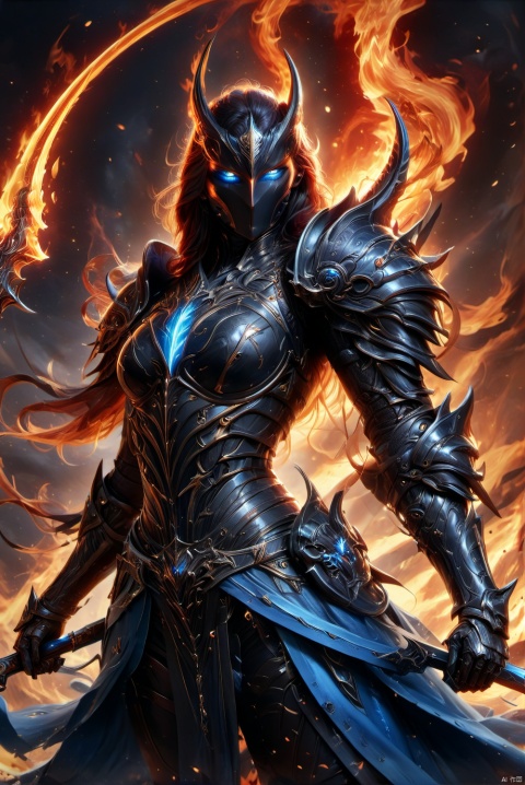 Female knight, tall figure, wearing black heavy armor, wearing black armor, only exposed blue eyes, she held a silver sword, to the front, a tall black horse standing behind her. , MAJICMIX STYLE, CRGF, Infernal style, wielding a scythe