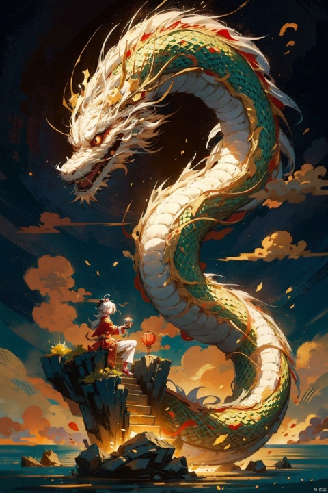  (chinese dragon),golden clouds, eastern dragon,((1girl)),8K,high quality,