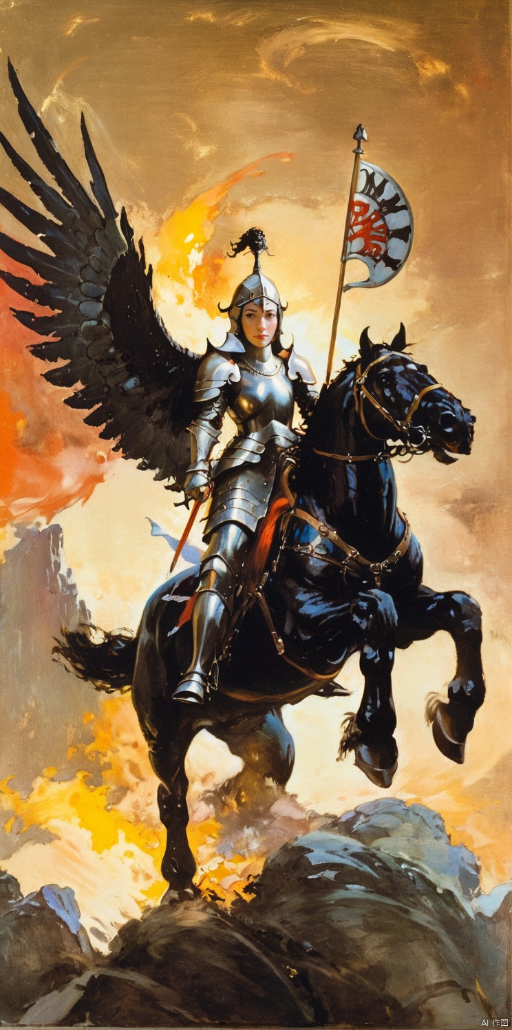  Female knight, tall figure, wearing armor, look to the front, riding a tall horse., , wings, , fr4z3tt4