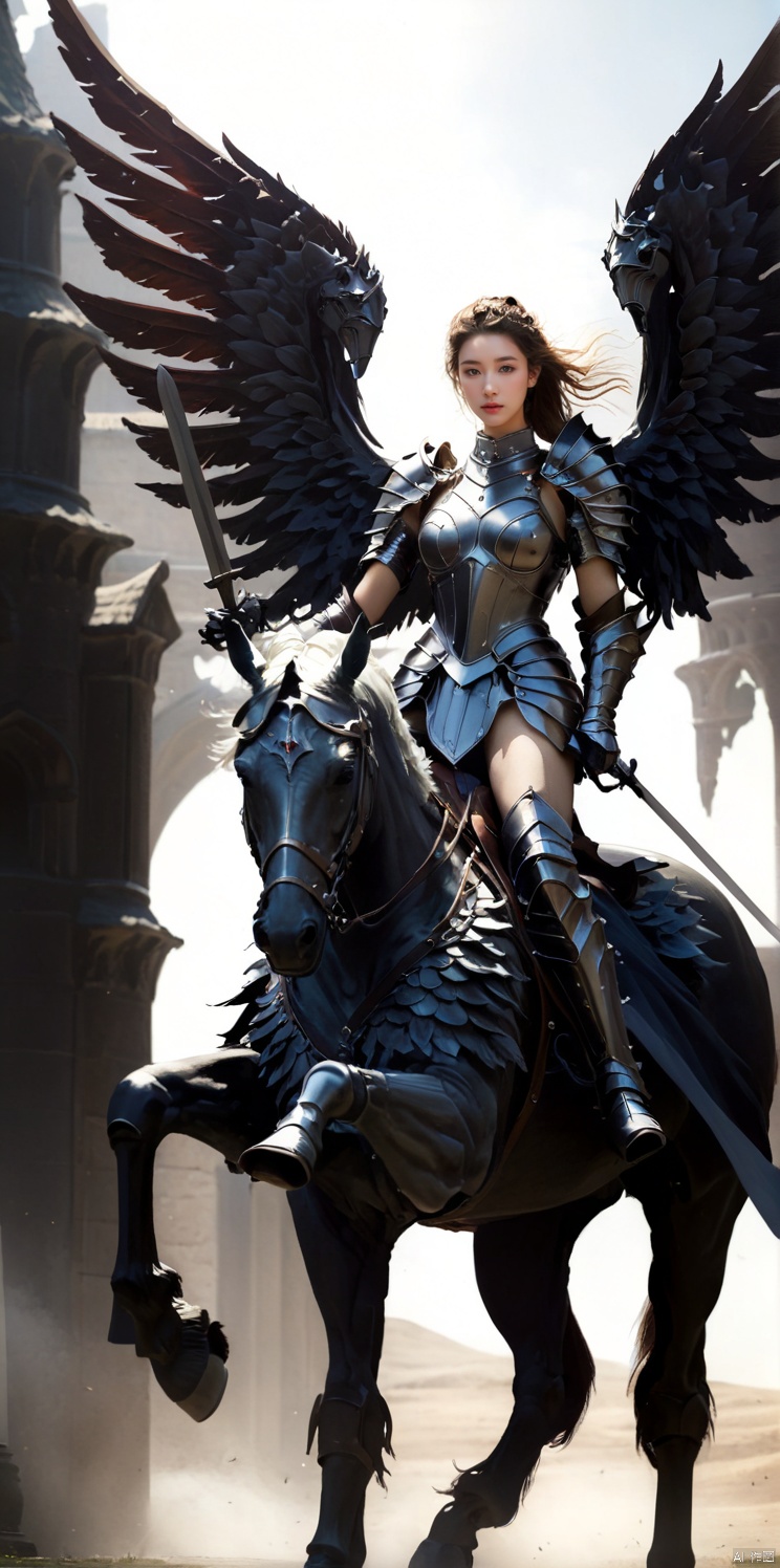  Female knight, tall figure, wearing armor, she held a sword, to the front, riding a tall horse., , HUBG_Beauty_Girl, wings