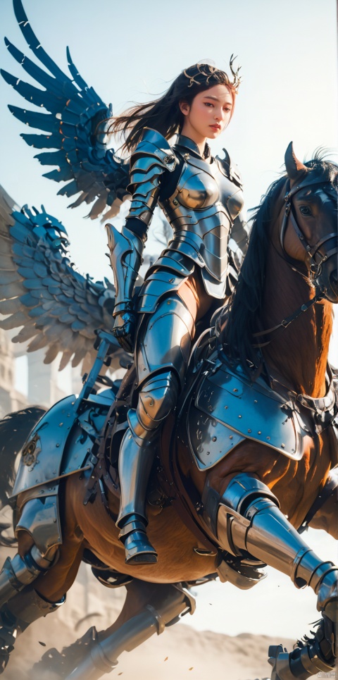  Female knight, beautiful face,tall figure, wearing armor, look to the front, riding a tall horse.,,firearms, , wings, mechanical,Mecha, MAJICMIX STYLE, 1girl