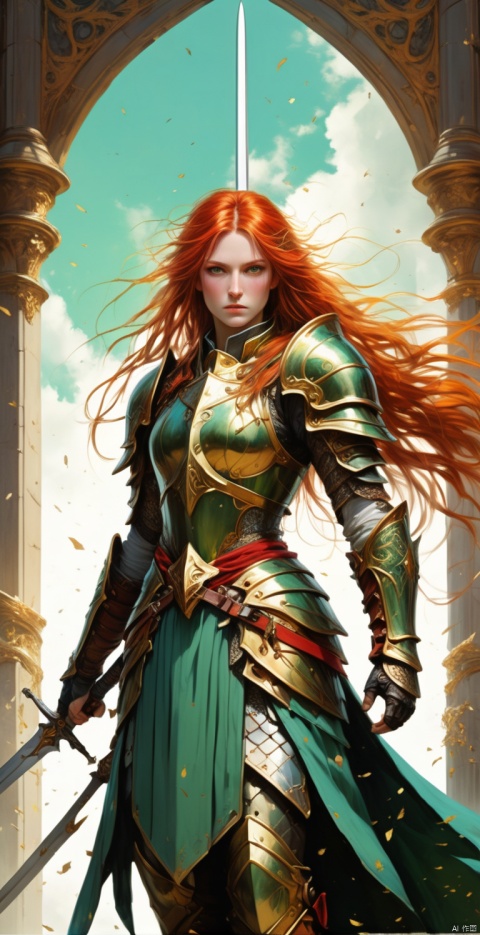  The swordswoman, stands in the center of the picture, looking up at the sky, long red hair, wearing golden armor, and a beautiful face with beautiful pale green eyes, MAJICMIX STYLE, CRGF