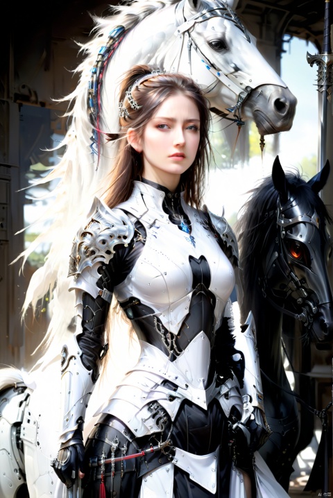  Female knight, tall figure, wearing white armor, wearing black armor, only exposed eyes, she held a silver sword, to the front, a tall black horse standing behind her., ananmo, ((cyborg dress and mechanic elements)), CRGF