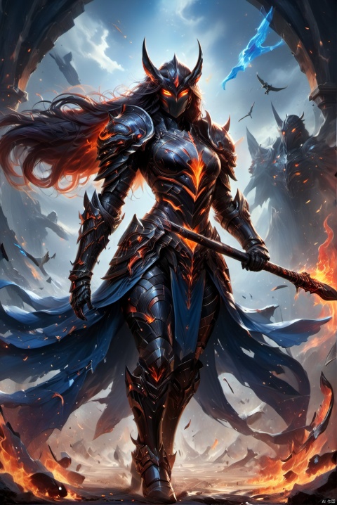  Female knight, tall figure, wearing black heavy armor, wearing black armor, only exposed blue eyes, she held a silver sword, to the front, a tall black horse standing behind her. , MAJICMIX STYLE, CRGF, Infernal style, wielding a scythe, (wielding katana:1.2), Wielding battlehammer