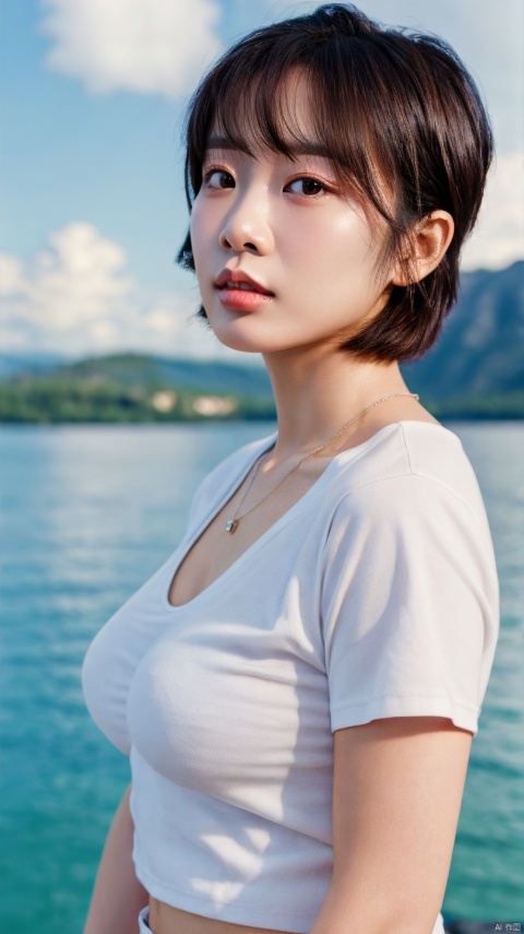  (Best quality, High resolution, Masterpiece :1.3), A pretty woman with slim figure, Breasts, (Dark brown layered haircut), Wearing pendant, T-shirt, White shorts, Outdoor, Great view, Lake and mountains in distant background, Details exquisitely rendered in the face and skin texture, Detailed eyes, Double eyelid, Asian girl, poakl ggll girl, ((poakl))