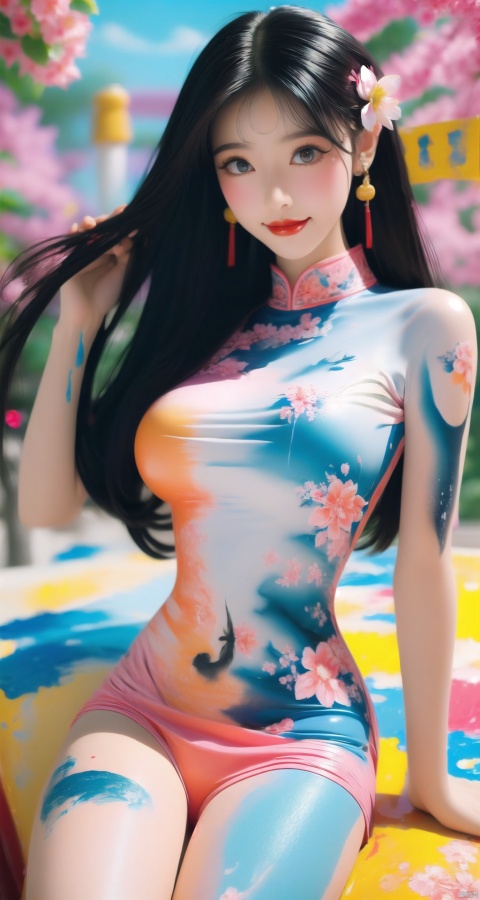  1girl, perky breasts, (bright red lips, blush), happy, smile, (upper thighs shot:1.3), night,
bodypaint, nsfw, pose, paint all over her body, (oil paintingsplash, brushwork:1.4), (blue pink white yellow tattoos, paint poured on the body:1.2), lying, on back,
masterpiece, official art, top quality, ray tracing, volumetric light, realistic, photorealistic, ultra highres, vivid, xiqing, hy, ((poakl flower style))