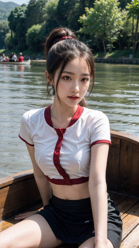  (Masterpiece), (Best Quality: 1.0), (Ultra High Resolution: 1.0), Delicate Eyes, 1 Girl, (Big), (Stockings), Ponytail, Dragon Boat Festival, (Short Skirt), Dragon Boating, Rowing Boat, Realistic, (Scruffy Uniform), (River, Water, Beautiful View)