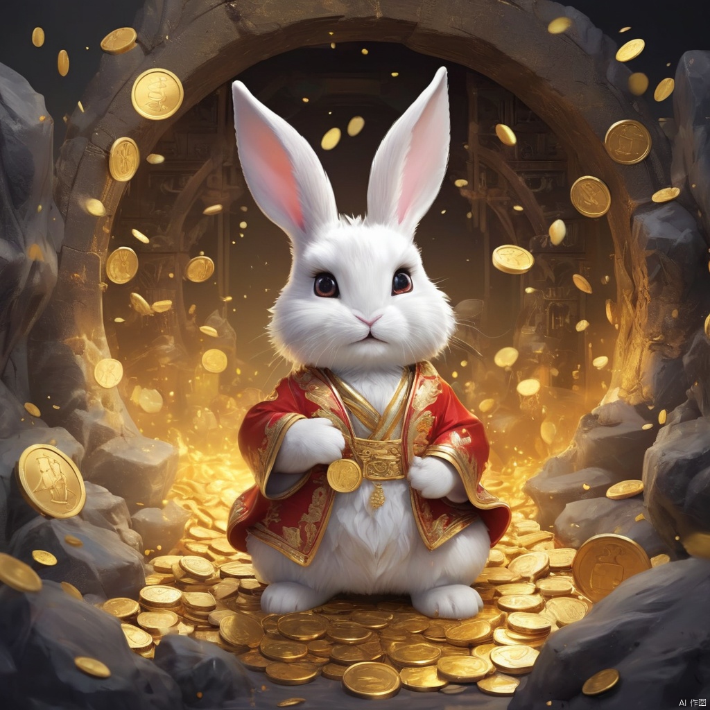  ((best quality)), ((masterpiece)), A cute cartoon rabbit IP standing in the treasure of gold and silver, eyes looking at the audience, surrounded by gold coins, treasure, wealth, (Chinese ink style:1.1), (dynamic composition:1.2), (unfettered spirit:0.9)