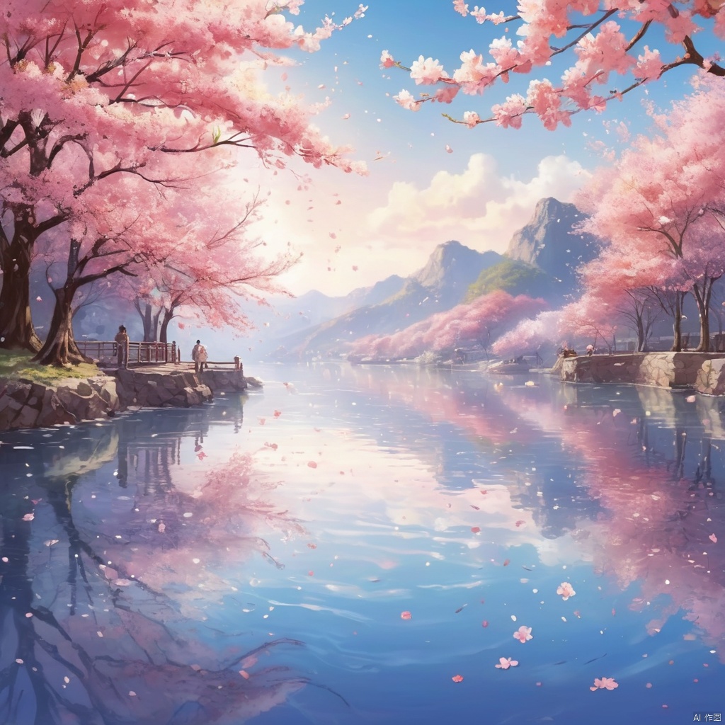  ((best quality)), ((masterpiece)),The petals of the cherry blossom are blown off, and the water is as calm as a mirror, overlooking the view
,(illustration style:1.1), (dynamic composition:1.2), (unfettered spirit:0.9), Illustration