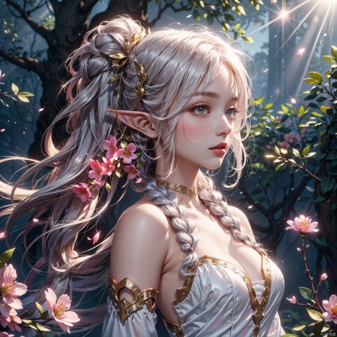  (masterpiece, best quality, high quality, highres, ultra-detailed), realistic,,,1 sweet girl, the greater lord rukkhadevata, (side braid:1.1), long hair,((white hair)), leaf hair ornament, (pointy ears), elf, green eyes, pale skin, bare shoulders, (medium breasts), (cleavage:1.1), jewelry, white long dress, (detached sleeves:1.1), bracelet, (looking away:1.2), (hair floating:1.3), from side,,(in forest:1.3), (pink flowers:1.1), (falling petals:1.1), (lens flare from right:1.2), (god rays from right:1.2),,,
