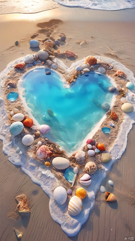  ((best quality)), ((masterpiece)), The edge of the white beach is covered with colorful glowing creatures and pebbles, and the picture is a light blue transparent one. The heart sprinkled on the sand is a light blue rose, with various colors, artistic optics, smooth and transparent glowing creatures and pebbles, heart-shaped, pink stones laid out in a heart-shaped shape, marble, sunlight, ultra wide perspective, sunlight ocean volume light, surrealism, ultra wide field of view, aerial photography, ultra wide field of view, ultra high definition image quality, 8K, high detail, rendered to octane value, ultra long lens, beautiful sunshine
,(illustration style:1.1), (dynamic composition:1.2), (unfettered spirit:0.9), Illustration