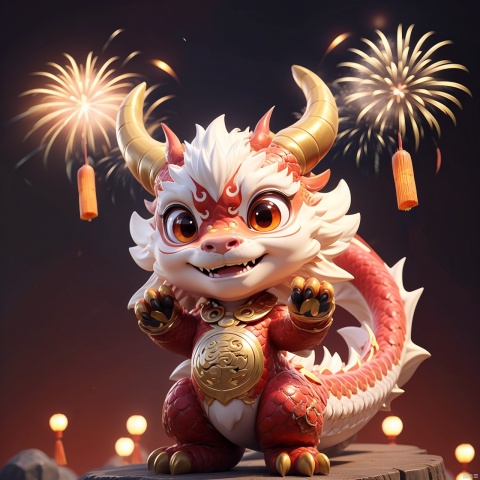  HTTP, horns, chibi,red eyes, solo, tail, smile, claws, looking at viewer, dragon, dragon tail, full body, closed mouth, jewelry, dragon horns,Bright, Warm Light,chibi,((Chinese New Year background)), ((fireworks))
