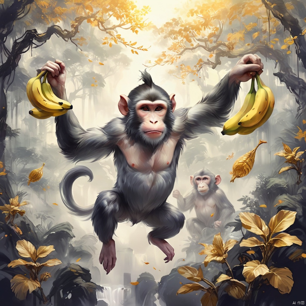  ((best quality)), ((masterpiece)), A clever monkey shuttles through the forest, it jumps and climbs, moves quickly, bananas hang on the branches, birds sing in the branches, full of cheerful atmosphere., (Chinese ink style:1.1), (dynamic composition:1.2), (unfettered spirit:0.9)