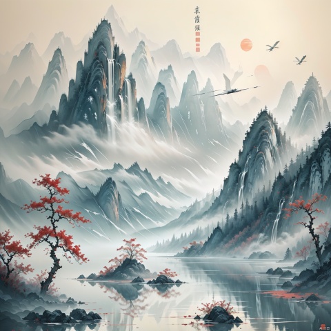  (ultra detailed, High quality ,best quality, High precision, Fine luster, UHD, 16k), (official art, masterpiece, illustration), A landscape painting with a lake, pine trees and a sunset, thick fog, with clear new pop illustrations, (large area of white space, one-third composition: 1.3), minimalist world, beige gray, Chinese Jiangnan scenery, digital printing, lake and mountain scenery, sunset and solitary crane flying together, guofeng, xinxihuan,zydink,white background
, landscape, smwuxia Chinese text blood weapon:sw