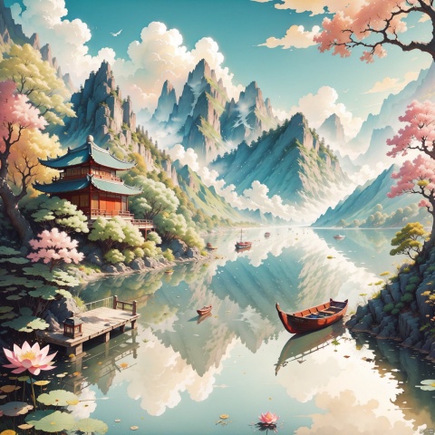 best quality, amazing quality, very aesthetic, landscape painting, tree, egret,, water reflection, boat, Chinese elements, clouds, stairs, lotus, lotus leaf, stone, distant mountains, small flowers, no one, dock, Vibrant,((wide-angle lens)),aerial view,super big lake,mid-lake island,Ink scattering_Chinese style,yjmonochrome,watercolour,watercolor