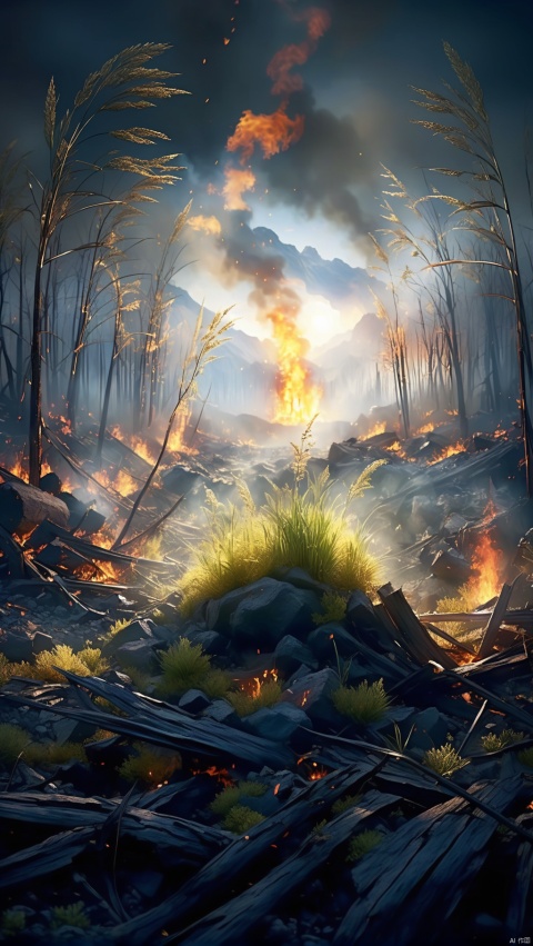 ((best quality)), ((masterpiece))In the wreckage of a mountain fire, a few grasses are reborn, lush, cinema-grade lighting, high-definition photography, 8k, National Geographic photography,(photograph style)