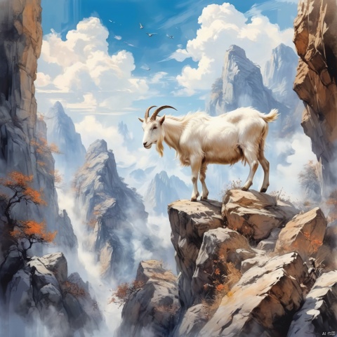  ((best quality)), ((masterpiece)), A goat was climbing on a cliff with steep rocks at his feet and blue sky and white clouds above him, (Chinese ink style:1.1), (dynamic composition:1.2), (unfettered spirit:0.9)