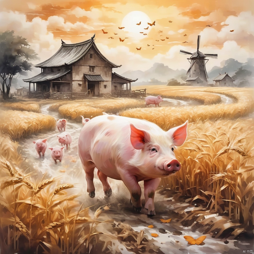  ((best quality)), ((masterpiece)), A pig is running happily in the field, it is chasing butterflies, playing, the field of wheat waves rolling, fruit, the distance is farmhouse and windmill, full of joy of harvest, (Chinese ink style:1.1), (dynamic composition:1.2), (unfettered spirit:0.9)