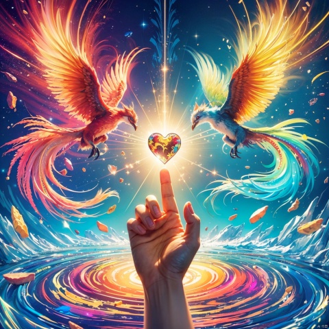 (Super detail, high quality, best picture quality, high precision, fine gloss, Ultra HD, 16k), two colorful phoenix flying in the air, two heart-shaped stones collide with each other to emit sacred light, ripples in the middle, the light of the Holy Spirit, romantic atmosphere,one hand