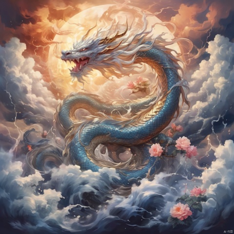  ((best quality)), ((masterpiece)), A great dragon rose into the air, its body coiled in the clouds, surrounded by flashes of thunder and billowing clouds, (Chinese ink style:1.1), (dynamic composition:1.2), (unfettered spirit:0.9)