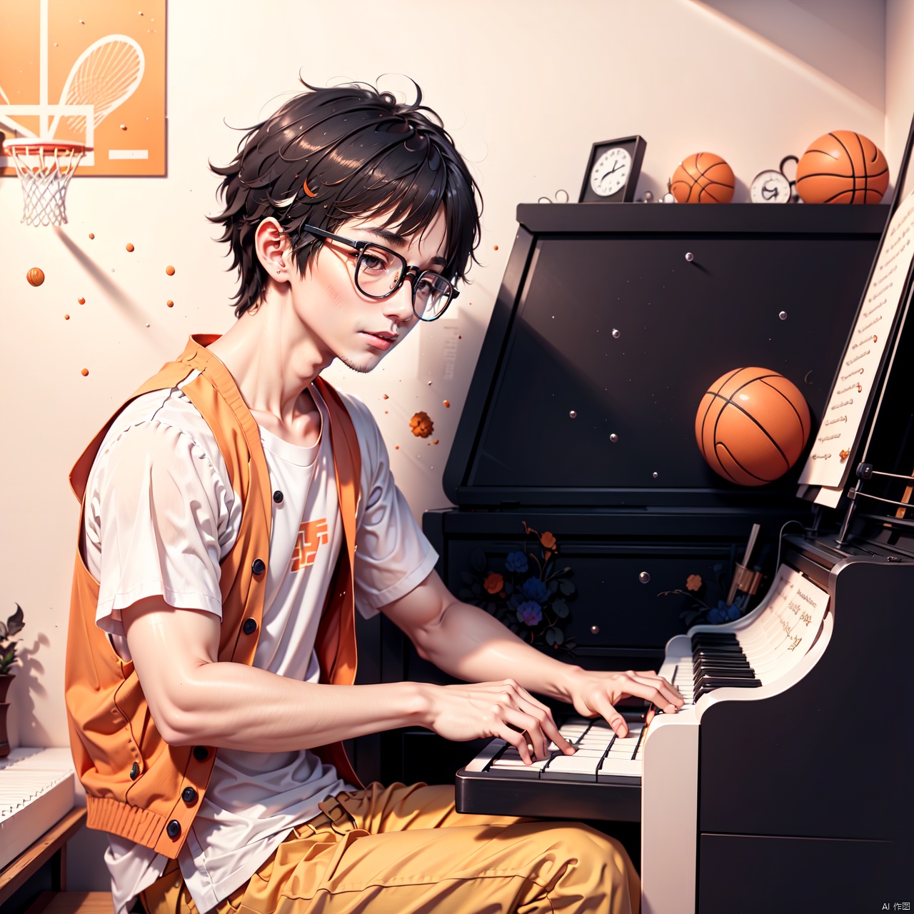  best quality, amazing quality, very aesthetic,1boy with the glasses,(basketball)((piano)),orange theme,Ink scattering_Chinese style,yjmonochrome