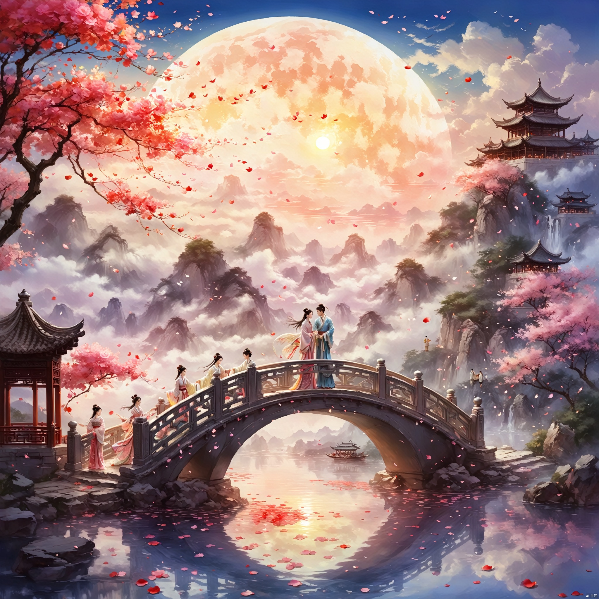 ((best quality)), ((masterpiece)),A Chinese couple in Hanfu embracing on an arch bridge, a sky full of rose petals, a romantic atmosphere, a huge moon, colorful clouds, clouds, ethereal, reflections of water, a mirage, a breeze,(Chinese ink style)