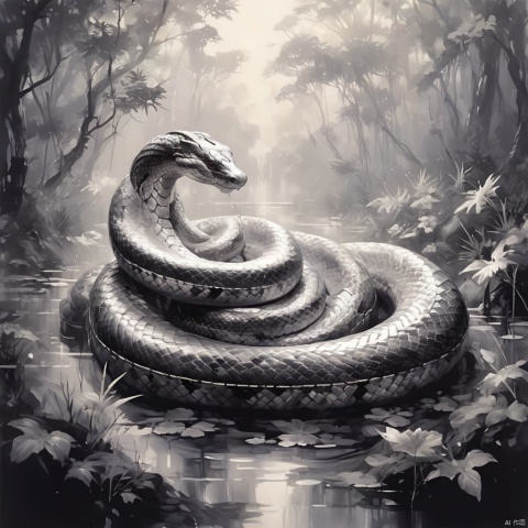  ((best quality)), ((masterpiece)), A python slowly meandering through the forest, its body like a silver river, shimmering, (Chinese ink style:1.1), (dynamic composition:1.2), (unfettered spirit:0.9)