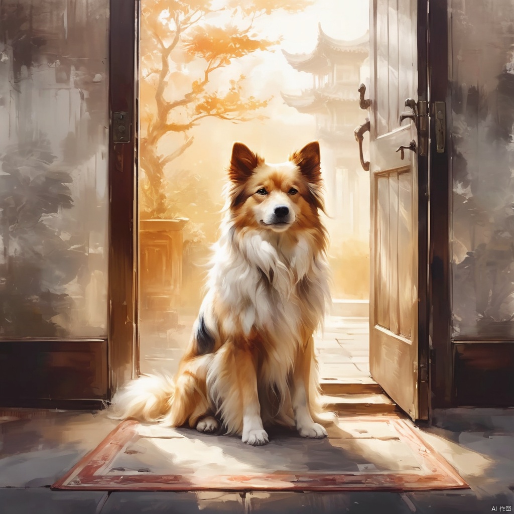  ((best quality)), ((masterpiece)), A loyal Chinese pastoral dog sits in front of the door with his tail up and his eyes full of kindness and loyalty, (Chinese ink style:1.1), (dynamic composition:1.2), (unfettered spirit:0.9)