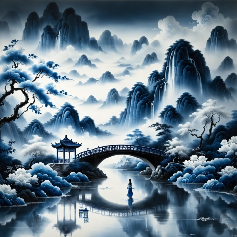  a girl, blue and white porcelain,Landscape painting,Ink wash,Classical,Chinese style,Pavilion,Bridge,Waterfall,Clouds and mist,Flowers,Symmetrical design.,Water surface reflection