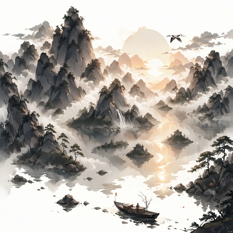 (ultra detailed, High quality ,best quality, High precision, Fine luster, UHD, 16k), (official art, masterpiece, illustration), A landscape painting with a lake, pine trees and a sunset, thick fog, with clear new pop illustrations, (large area of white space, one-third composition: 1.3), minimalist world, beige gray, Chinese Jiangnan scenery, digital printing, lake and mountain scenery, sunset and solitary crane flying together, guofeng, xinxihuan,zydink,white background, small boat