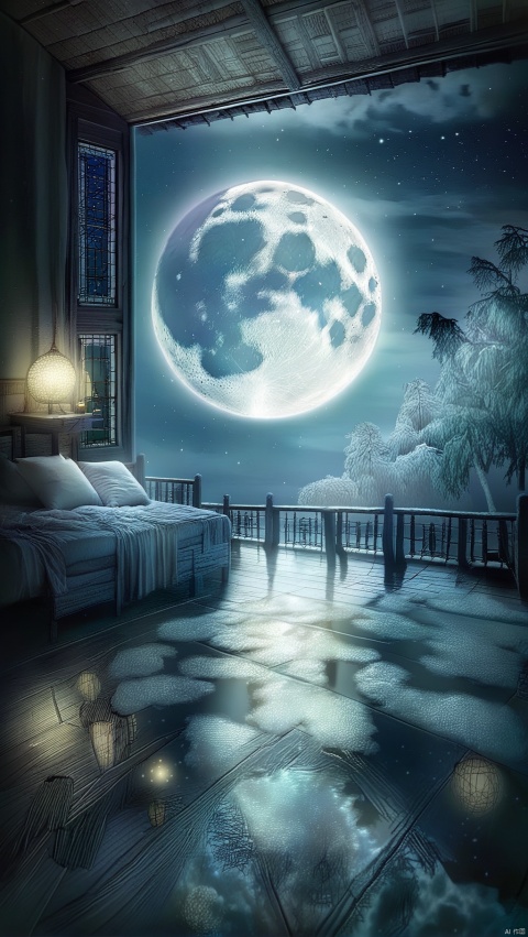 sky, cloud, water, tree, pillow, no humans, window, bed, night, moon, star \(sky\), night sky, scenery, full moon, starry sky, reflection, wooden floor, railing, moonlight,Frost on the ground