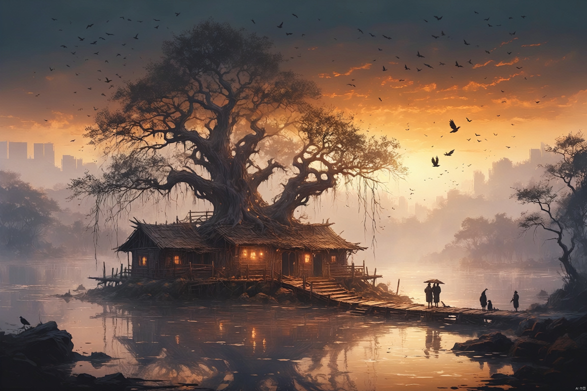  ((best quality)), ((masterpiece)),Withered rattan old tree dark crows, small bridge water family,Broken-down, sad atmosphere,A run-down cabin
,(illustration style:1.1), (dynamic composition:1.2), (unfettered spirit:0.9),