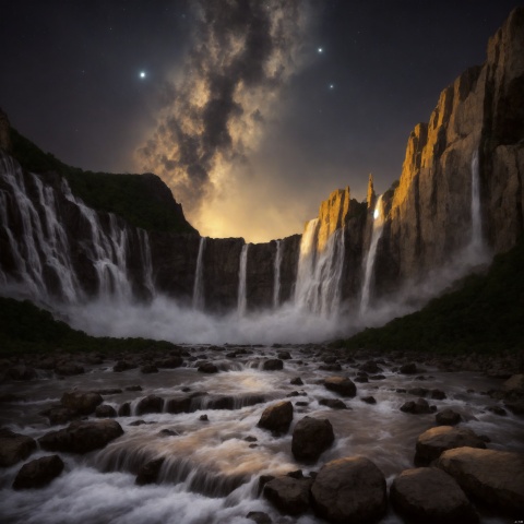 ((best quality)), ((masterpiece)), The Milky Way flows down from Angel Falls, it is extremely majestic, beautiful and shocking