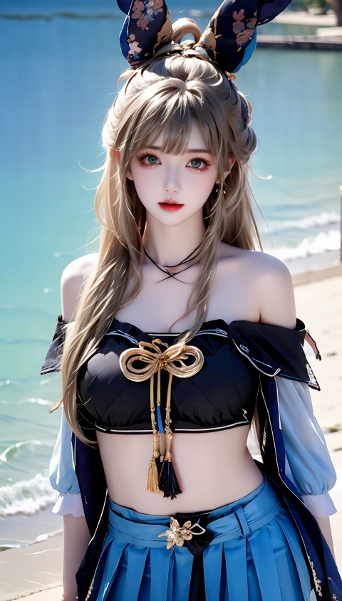  (((1 girl))), (medium breasts:), ((upper body:0.7)), half body photo, female solo, depth of field, blue earrings, blue jewelry, off-shoulder white shirt, black tight skirt, (at beach), blonde hair, photorealistic:1.3, realistic), highly detailed CG unified 8K wallpapers, (((straight from front))), (HQ skin:1.3, shiny skin), 8k uhd, dslr, soft lighting, high quality, film grain, Fujifilm XT3, (professional lighting), nangongwan, red lips,