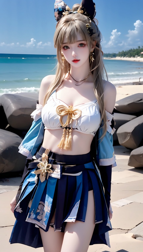  (((1 girl))), (medium breasts:), ((upper body:0.7)), half body photo, female solo, depth of field, blue earrings, blue jewelry, off-shoulder white shirt, black tight skirt, (at beach), blonde hair, photorealistic:1.3, realistic), highly detailed CG unified 8K wallpapers, (((straight from front))), (HQ skin:1.3, shiny skin), 8k uhd, dslr, soft lighting, high quality, film grain, Fujifilm XT3, (professional lighting), nangongwan, red lips,