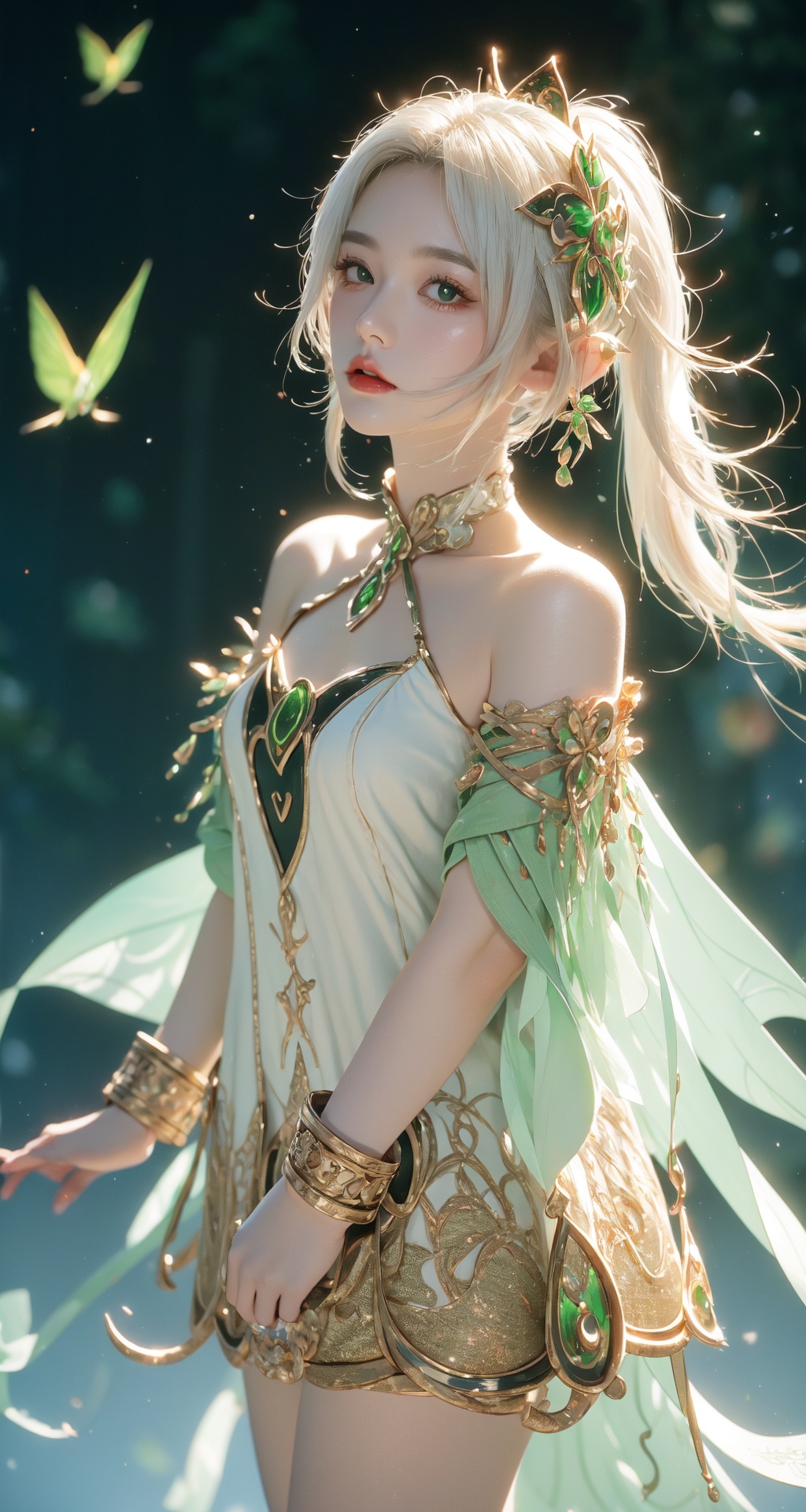 1 Girl, White Hair, Multicolored Hair, Shawl Hair, Hair Accessories, Green Eyes, Symbol-shaped Pupils, Pointed Ears, Jewelry, Split Sleeves, Bracelets, White Dress, Toeless Socks, ((Masterpiece, Best Quality)), Mixed Reality and Fantasy Elements, Vibrant Comics, Ultra HD Images, Glass Translucent, Best Quality, 8k Resolution, CG, Ultra High Quality, Ultra Detailed, Super Delicate Face, Super, Ultra Detailed, First Person View, Correct Proportions, Normal Legs, Normal Arms, Delicate Lines, Moyou, Nahida (Genshin Impact), Prayer, Upper Body