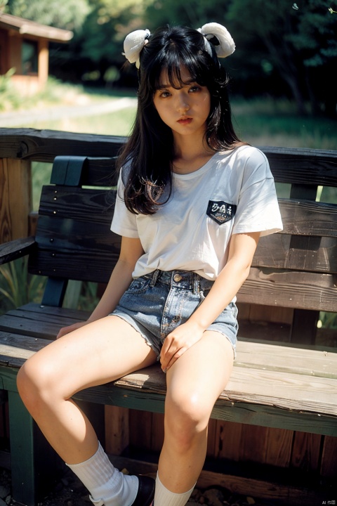 aa1, one girl,silver hair,long hair,two tails, long bangs, amber eyes, white t-shirt, red shorts denim texture, white socks, black hiking boots, takina inoue, on a bench in a hangar