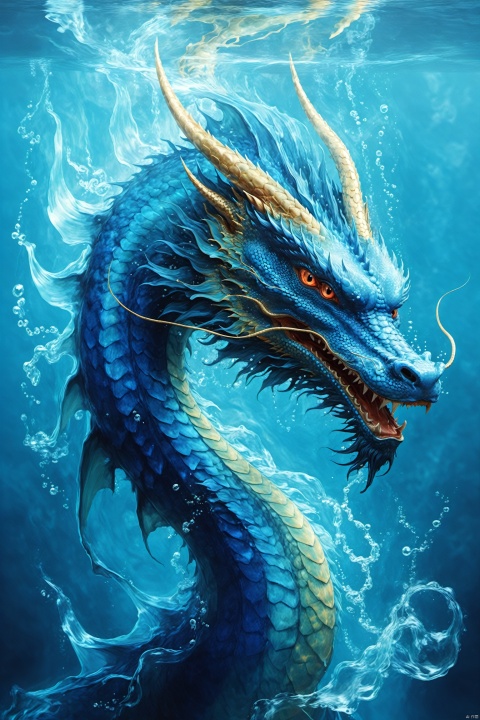  blue dragon in water abstract concept art, in the style of photobashing, hyper realistic animal illustrations, particles, x-ray, Oriental Dragon
